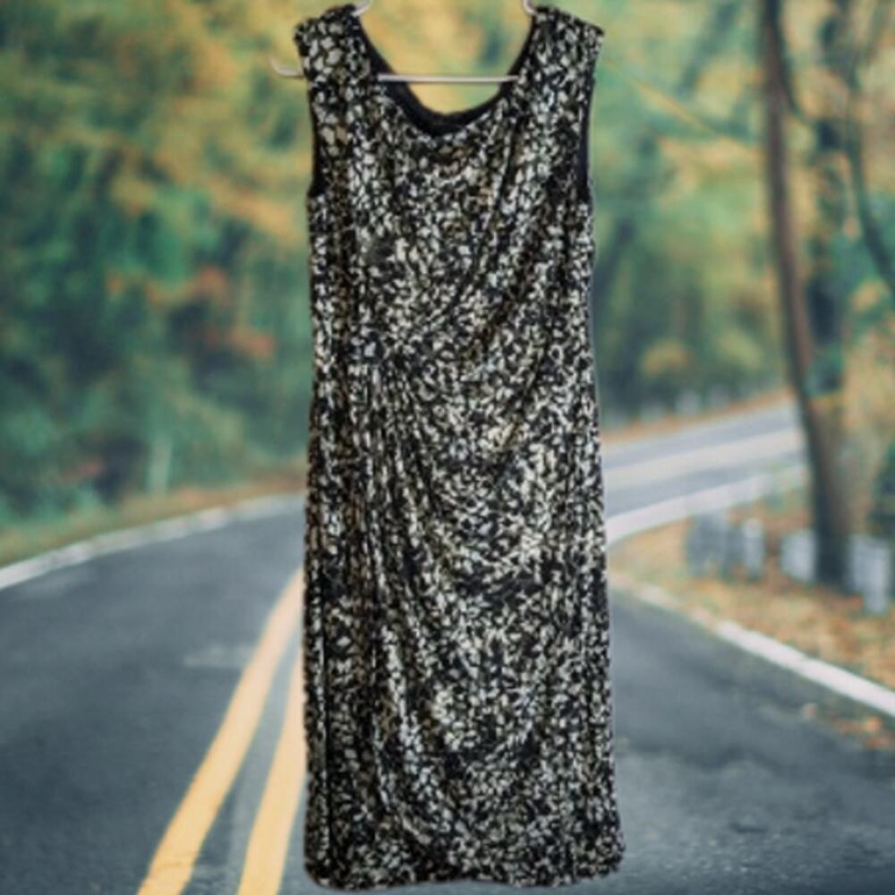 Connected Apparel 10 sleeveless, ruched, green and black fall dress. Office,date
